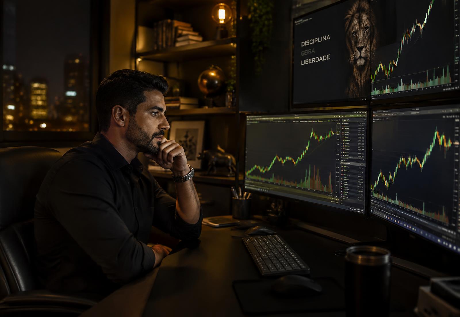 Investidor analisando gráficos da Bolsa de Valores em vários monitores